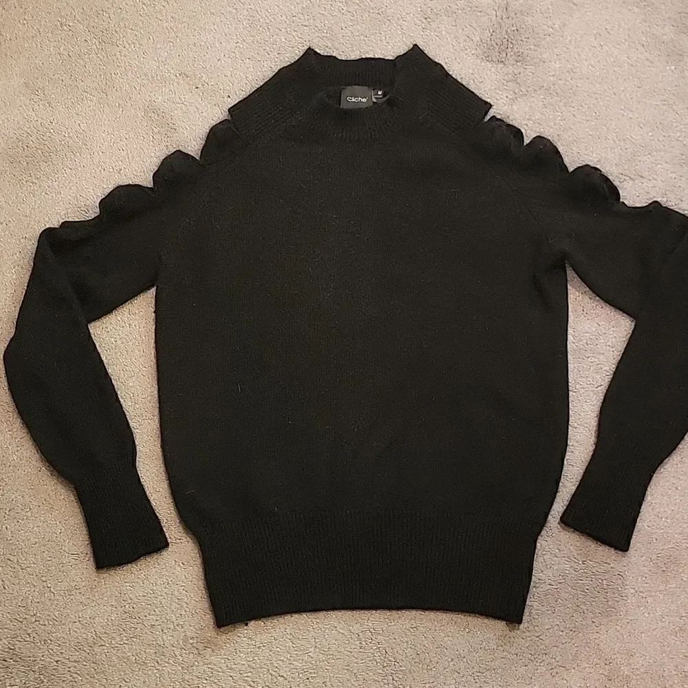 Cliche angora wool cold shoulder black sweater